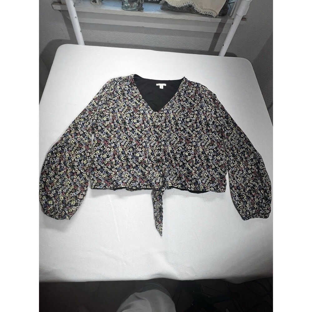Cato Floral Tie Front Crop Blouse Women’s XL Black Ditsy Flower Boho Cottagecore